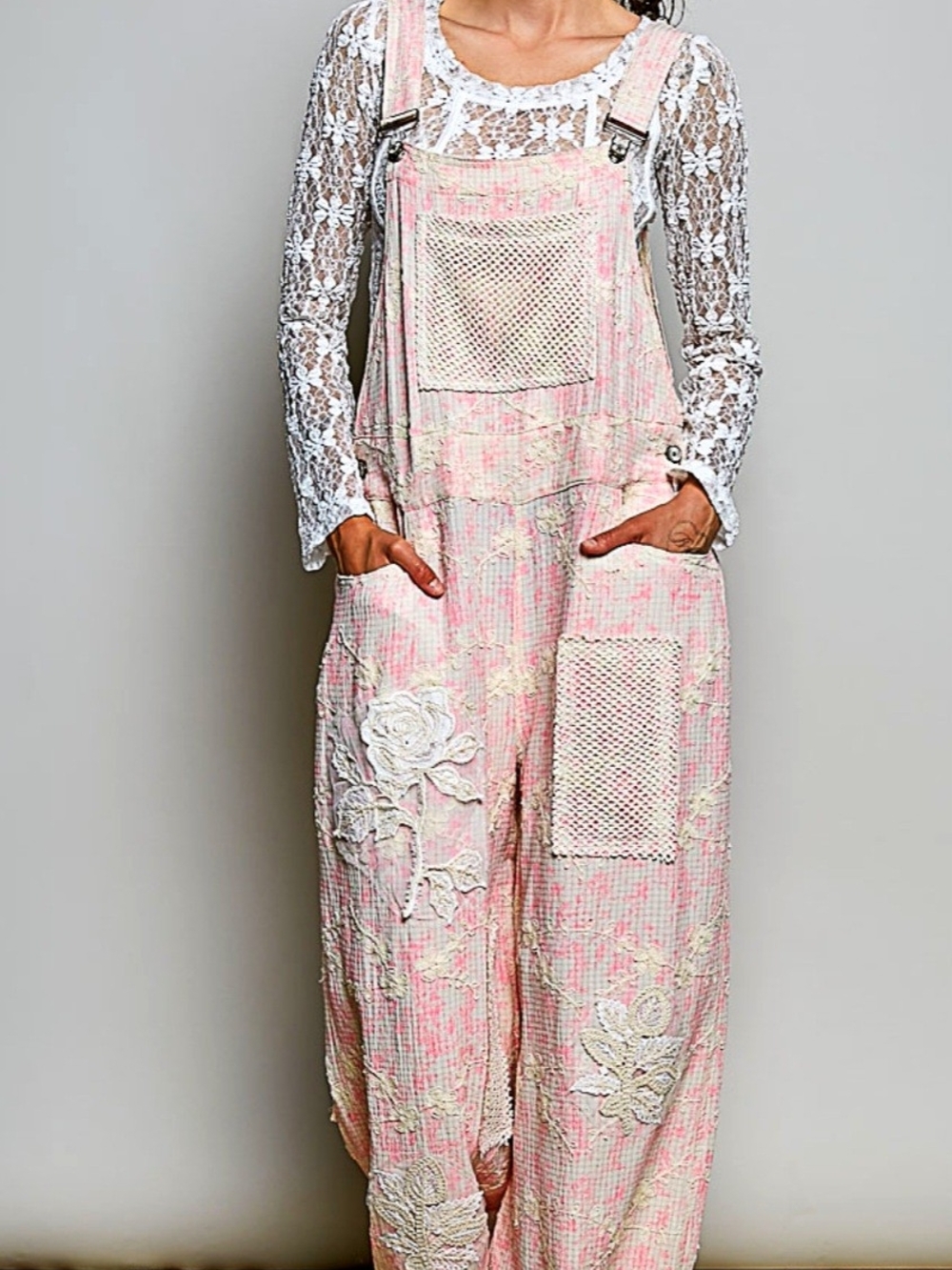 POL Pink Lace-Appliqué Embroidered Overalls